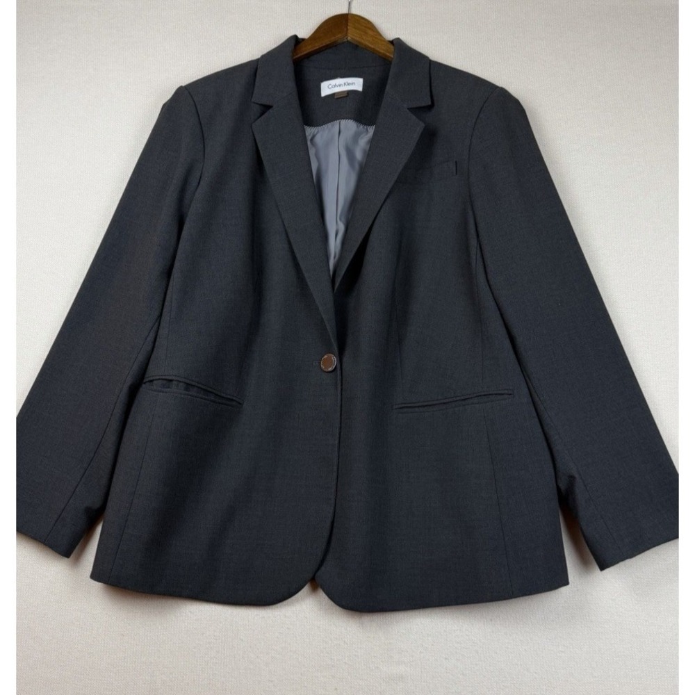 Calvin Klein Blazer‎ Suit Jacket Women's 22W Gray One Button Office Minimalist